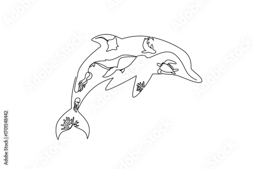 Single one line drawing several silhouettes of types of fish within the silhouette of a dolphin. Maintaining ecosystem balance. Undersea. Mother Ocean Day. Continuous line design graphic illustration
