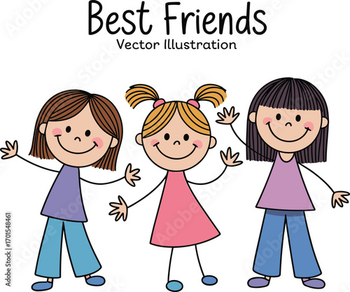 Smiling girls best friends illustration, cartoon stick figures together, happy children friendship concept, cute drawing art, joyful kids design.