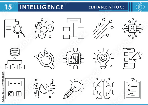 A set of line icons related to Intelligence. Intelligent, mind, creative, processor, brain, and so on. Vector editable stroke.