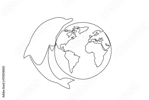 Continuous one line drawing dolphin twists body and globe. Protect oceans from dangerous environmental pollution. For sake of marine life. Mother Ocean Day. Single line draw design vector illustration