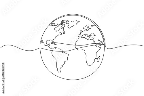 Single one line drawing a globe with water in the center. 71 percent of surface of the earth is ocean. Protect the sea from pollution. Mother Ocean Day. Continuous line design graphic illustration