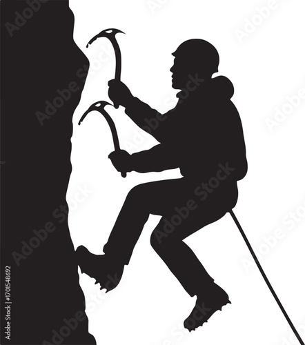 Silhouette of an ice climber scaling a frozen peak, ideal for adventure and extreme sports.