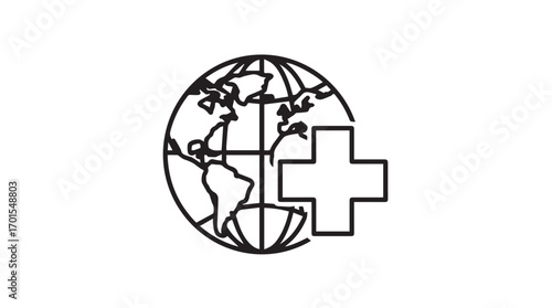 Global healthcare symbol with a cross and a stylized globe silhouette