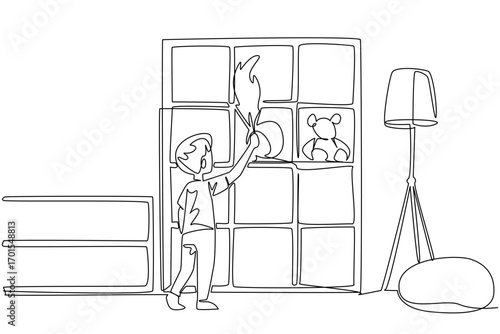 Single continuous line drawing a boy dusting shelf using a duster. Daily routine after playing in the room. Cleanliness is beautiful. National Clean Your Room Day. One line design vector illustration