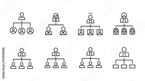 Collection of eight organizational chart silhouettes representing different team structures silhouette