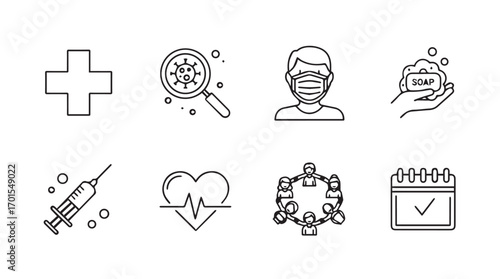 Collection of medical and health icons in a simple line drawing silhouette style