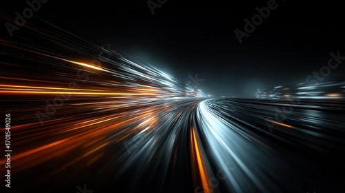 High speed light with blue and orange stripes in abstract, futuristic technological concept, showing motion blur against fast forward timeline background, creating a captivating visual effect that rep