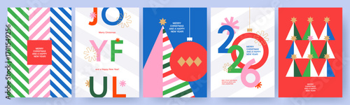 Merry Christmas and Happy New Year Set of greeting cards, posters, holiday covers, backgrounds. Design templates with typography, season wishes in modern minimalist style for web, social media, print