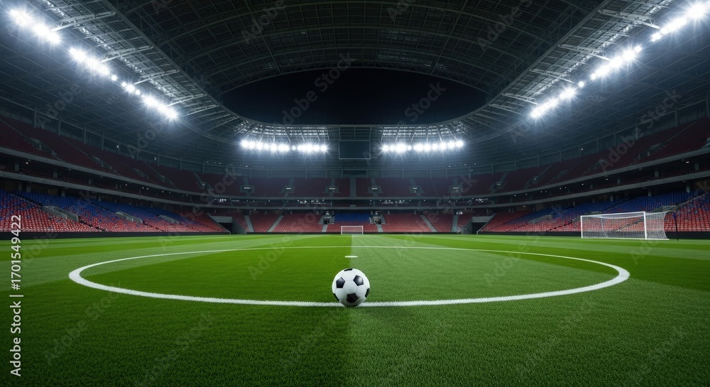 Obraz premium Illustration of panoramic view of a soccer ball on the field in a stadium, capturing the excitement and atmosphere of the game