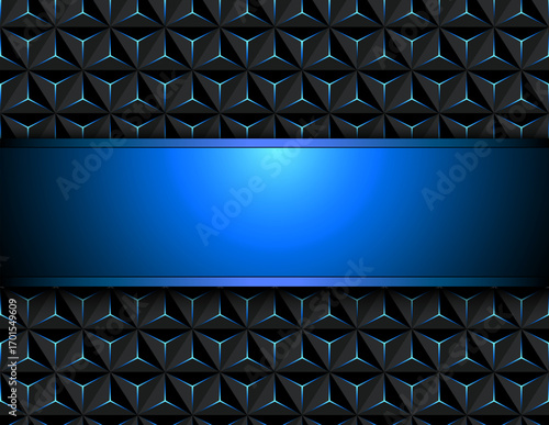 Black and blue abstract background wih banner inside and triangle mosaic pattern, 3D dark texture illustration.