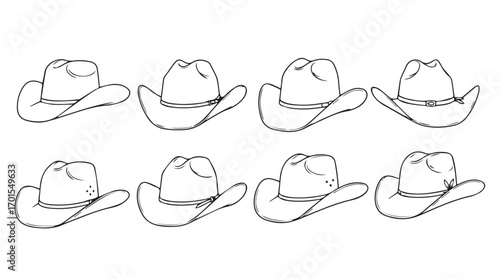 Collection of eight cowboy hat illustrations in a clean silhouette style
