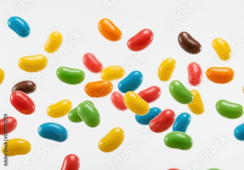 Colorful jelly beans in mid-air against a plain white background, showcasing a vibrant array of hues.