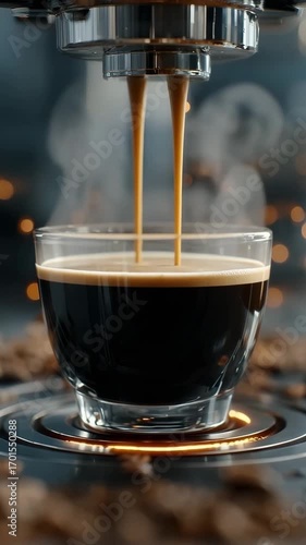 Fresh espresso pouring into glass cup in moody setting, ideal for coffee promotion or cafe marketing