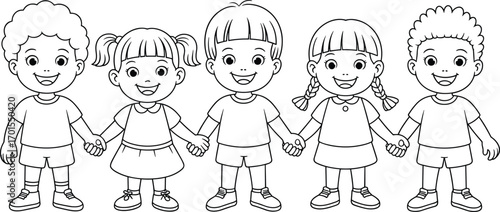 Happy children holding hands line art illustration, cute boys and girls coloring page design, friendship teamwork unity kids drawing.