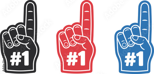 Colorful foam finger number one hand symbols in black, red, and blue design, sports fan cheering accessory illustration for celebration.