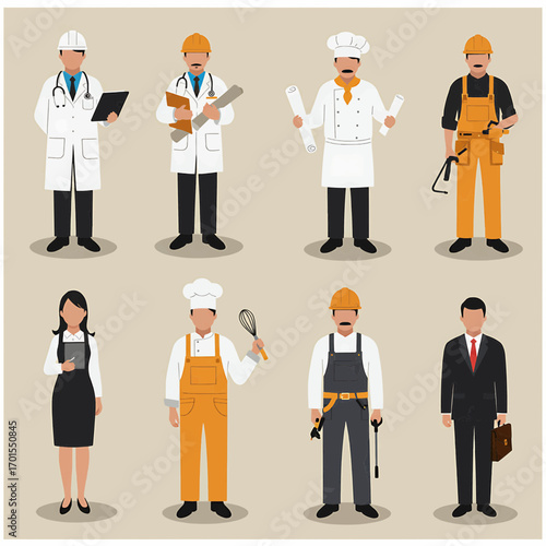 Diverse professional occupations, including doctor, chef, construction worker, and business person