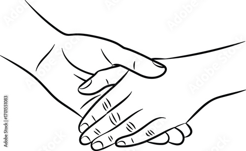 Line art illustration of two hands holding together, symbolizing trust, friendship, love, unity, support, care, relationship, connection, cooperation.