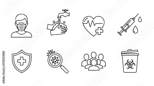 Collection of medical and health icons in a simple line drawing silhouette style