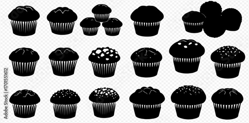 Collection of silhouette muffins and cupcakes in various arrangements and decorations.