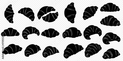 Collection of black silhouette croissants in various angles and positions on a transparent background.