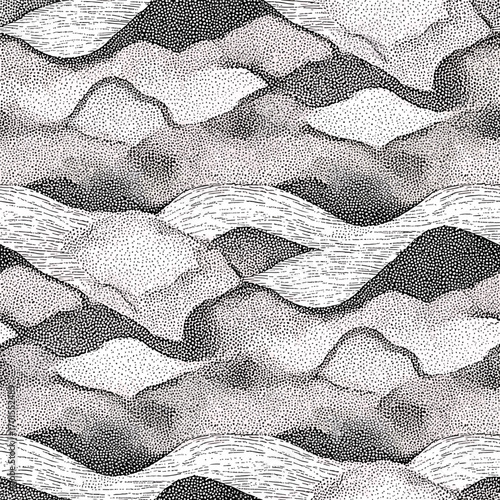 Detailed black and white stippled illustration of a mountainous landscape pattern design, patern seamless, Stock royalty free.