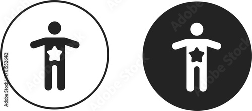 Abstract human icon with star in chest, black and white circle design, medical health care symbol, wellness body illustration graphic.