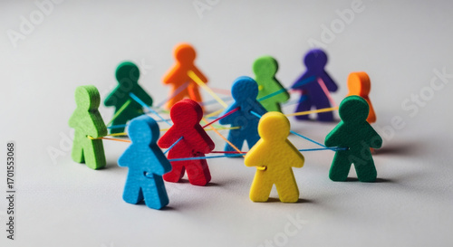 Vibrant, interconnected human figures symbolize strong community bonds, diverse teamwork, and collaborative networking for successful social and business interactions and collective progress.