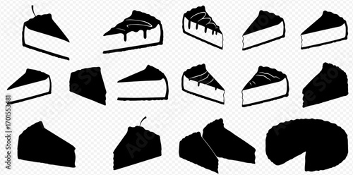 Collection of cheesecake slice illustrations, some with toppings, in black and white.