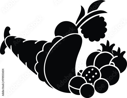 Black silhouette icon with vegetables arranged in cornucopia overflowing design.