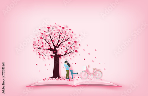 Illustration of love with a lovers hug each other and a bike under love tree. Digital craft paper art valentines day concept.