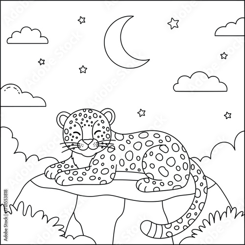 Leopard vector illustration of a relaxed feline resting peacefully on a rock under the night sky with moon, stars, and clouds drawn in bold smooth cartoon outlines for creative wildlife