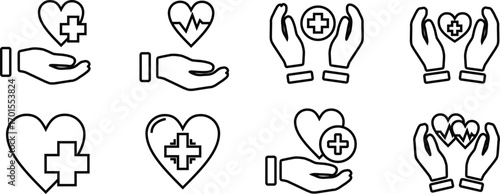 medical kit icon set. hand, heart, hospital, and illustration vector icons