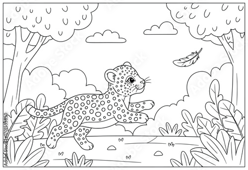 Leopard illustration of a cute baby leopard cub running playfully in the forest surrounded by trees grass and bushes in a cartoon style black and white vector design for kids