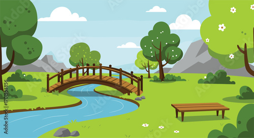 Beautiful park landscape with wooden bridge over flowing stream, green trees, flowers, distant mountains, and blue sky in spring nature illustration