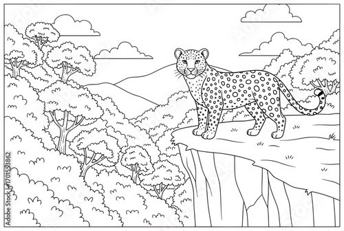 Leopard vector illustration of a majestic feline standing proudly on a cliff edge with a background of dense forest and mountains drawn in bold smooth cartoon outlines for creative wildlife projects