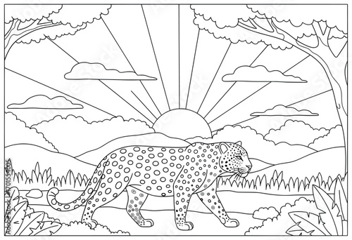 Leopard illustration of a leopard walking gracefully across the grass in a savanna landscape with trees mountains and the sun shining with rays through clouds drawn in a cartoon black and white vector