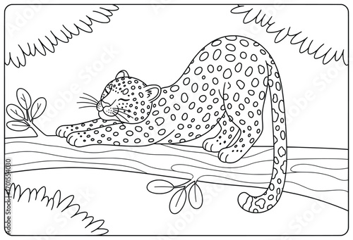 Leopard illustration of a relaxed leopard stretching on a tree branch with leaves and bushes around in a peaceful forest scene drawn in a playful cartoon black and white vector for children