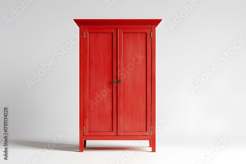 Vintage red wooden wardrobe with distressed finish and open doors, featuring brass handles and two bottom drawers on white background