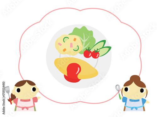 朝食メニューを紹介するエプロン姿の女性　オムレツ