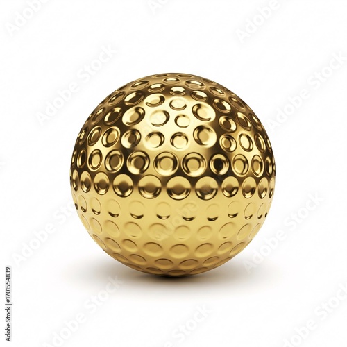 A golden golf ball with a textured surface, isolated on a white