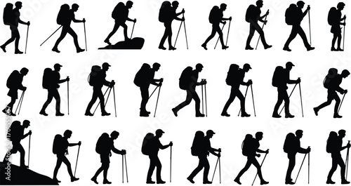 Silhouette of hikers walking with backpacks and trekking poles, outdoor adventure hiking man collection, mountain climbing trekking people illustration vector.