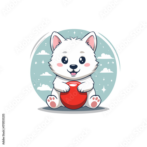 Cute White Samoyed Puppy with Red Ball Vector Illustration