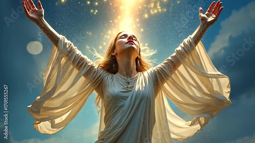 A serene woman in a white robe raises her arms to a celestial light in a cloudy sky, embracing a moment of spiritual awakening and divine connection.