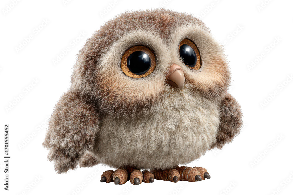 Obraz premium A cute, fluffy baby owl with large expressive eyes and detailed feathers looks ahead with tiny claws visible.