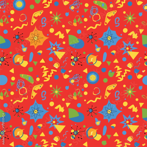 Retro atomic age pattern design with abstract shapes and colorful elements, seamless pattern, Stock royalty free image.