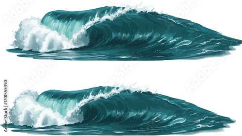 Realistic ocean wave vector set, powerful sea surf with white foam, dynamic tidal water illustrations for storm, nature, beach, or surf designs