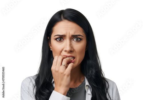 Worried woman biting nails anxious stressed frustrated fearful upset nervous concerned isolated on transparent background