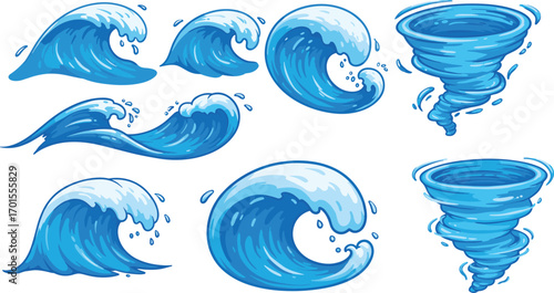 Vector set of cartoon ocean waves, splashing water, and whirlpool icons, marine storm elements for sea, beach, weather, or nature designs
