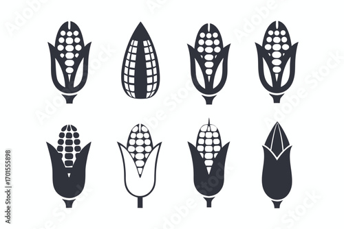 Eight Corn Icon Collection Vector, Black Corn Cob Outline on White Background