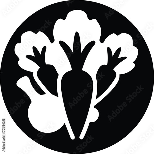 Simple bold icon silhouette of all vegetables combined in one circular emblem, solid shape.